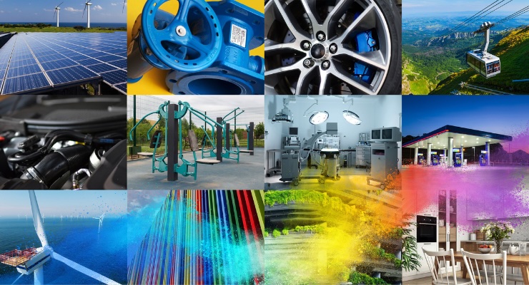 Коллаж применения порошковых покрытий: солнечные панели, автомобильные диски, металлоконструкции, медицинское оборудование, фасады, индустриальное оборудование